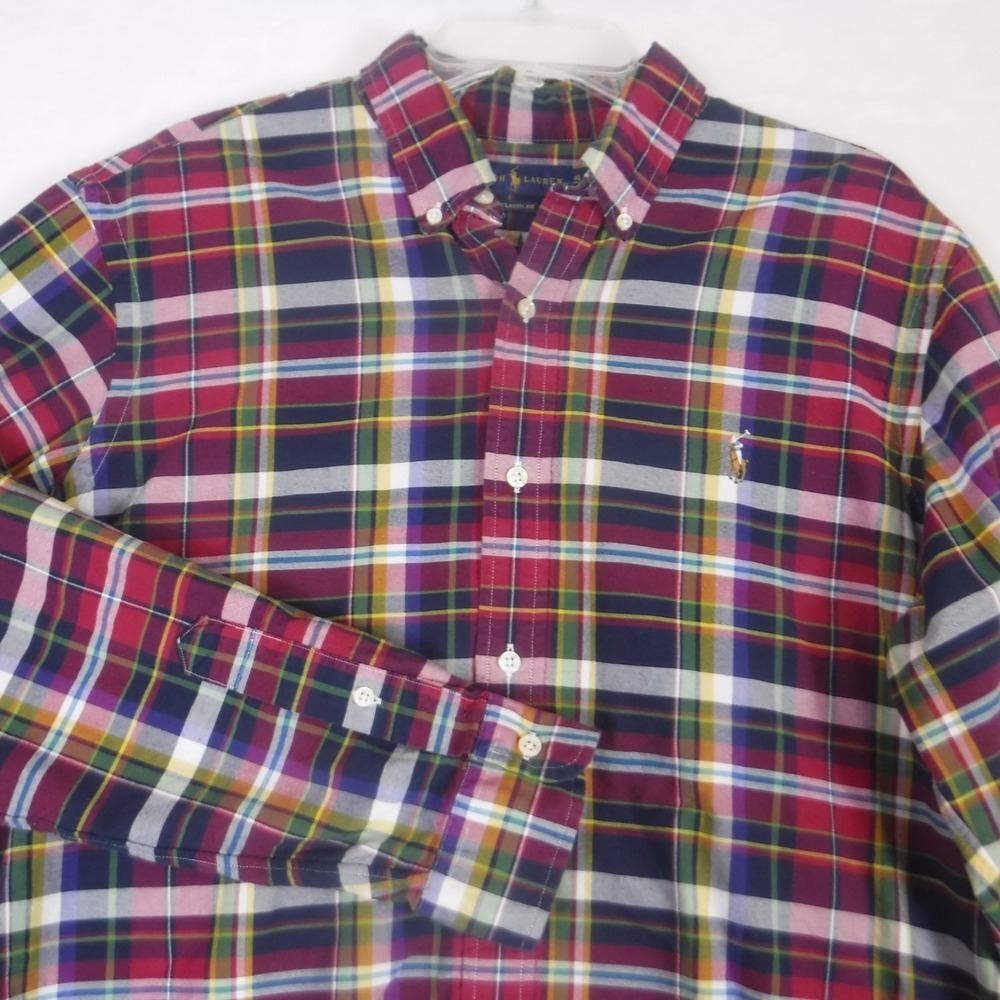 Ralph Lauren Classic Fit Mens Long Sleeve Button Down Plaid Shirt Flesh Pony XL